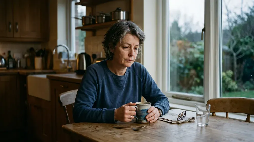 A tired woman with a cup of coffee in the morning