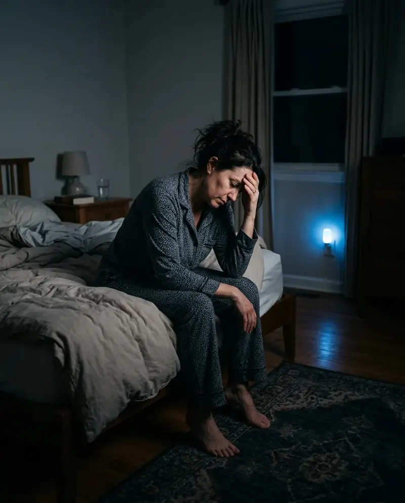 A woman sitting on the edge of her bed at night, tired